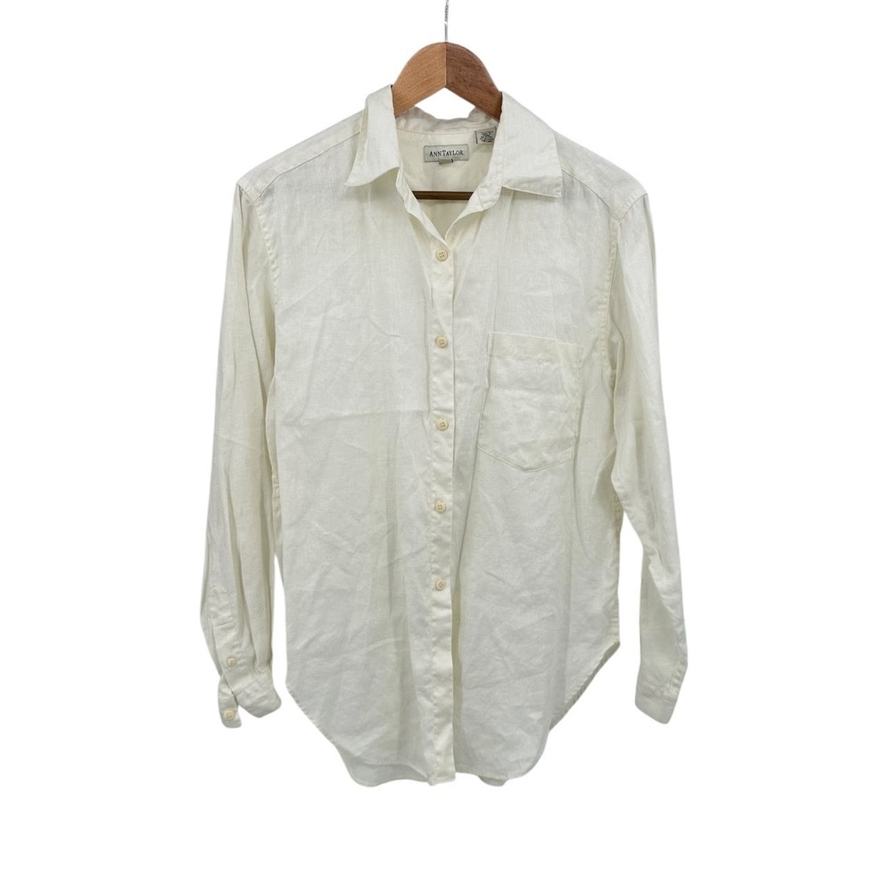Ann Taylor Beige 100% Linen Button Up Women's Size S Beach Coastal Minimalist